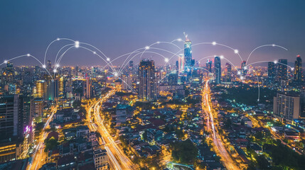 Fototapeta premium Smart digital Innovation city with connection network reciprocity over the cityscape. of future smart wireless city and social media networking systems that connects business people with in city
