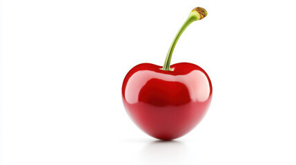 Bright red cherry with a green stem on a white background.