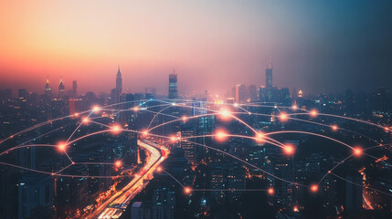 Fototapeta premium Smart digital Innovation city with connection network reciprocity over the cityscape. of future smart wireless city and social media networking systems that connects business people with in city