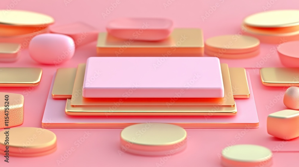 Poster a colorful arrangement of various geometric shapes on a pink backdrop, featuring flat surfaces and s