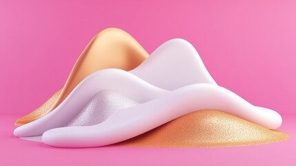 A vibrant composition featuring textured, colorful hills of shimmering powder against a pink background.