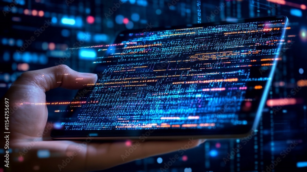 Poster a hand holding a tablet displaying vibrant digital code and data patterns.