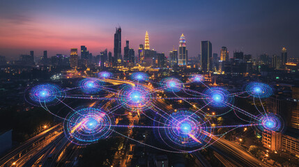 Fototapeta premium Smart digital Innovation city with connection network reciprocity over the cityscape. of future smart wireless city and social media networking systems that connects business people with in city