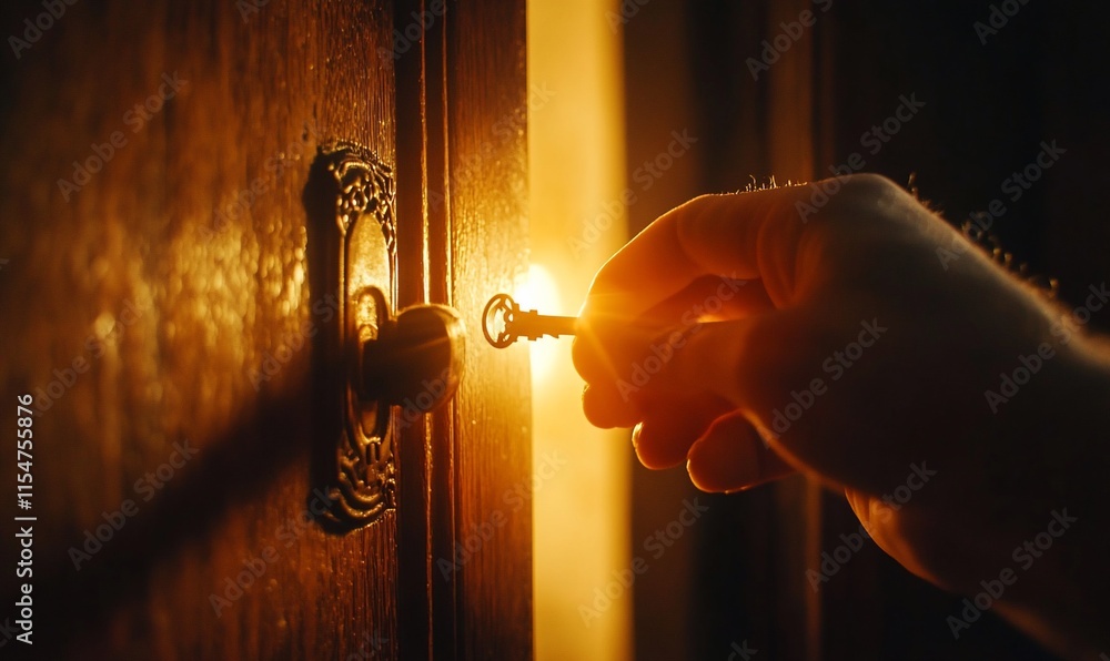 Poster a hand inserting a key into a door, illuminated by soft light.