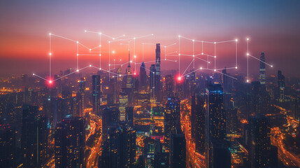 Fototapeta premium Smart digital Innovation city with connection network reciprocity over the cityscape. of future smart wireless city and social media networking systems that connects business people with in city