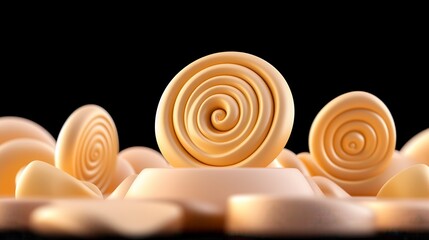 A collection of spiral-shaped, creamy swirls set against a dark backdrop, showcasing texture and elegance.
