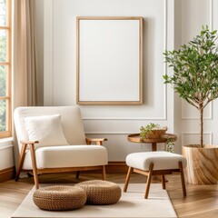 Fototapeta premium [Minimalist living room design ideas] Sleek Modern Living Room Interior with Large Mirror and Minimal Decor
