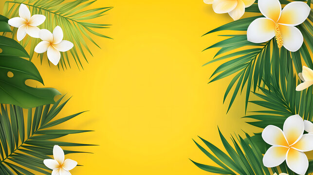 The background is plain yellow, has a summer feel, with leaves and flowers on the right and left sides. with an empty space in the middle for text