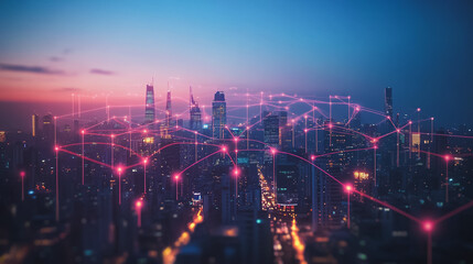 Fototapeta premium Smart digital Innovation city with connection network reciprocity over the cityscape. of future smart wireless city and social media networking systems that connects business people with in city