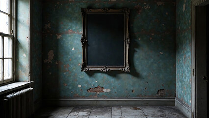 Creepy spooky black frames on old wall in haunted house new image 