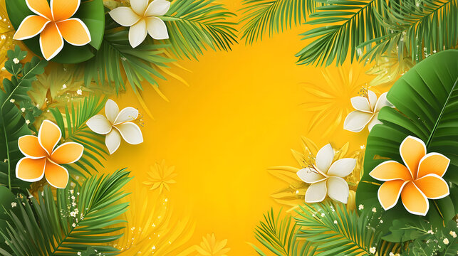 The background is yellow, has a summer feel, with leaves and flowers on the right and left sides. with an empty space in the middle for text