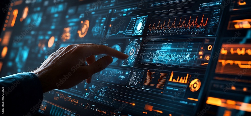 Poster a hand interacts with a high-tech display of data and analytics.
