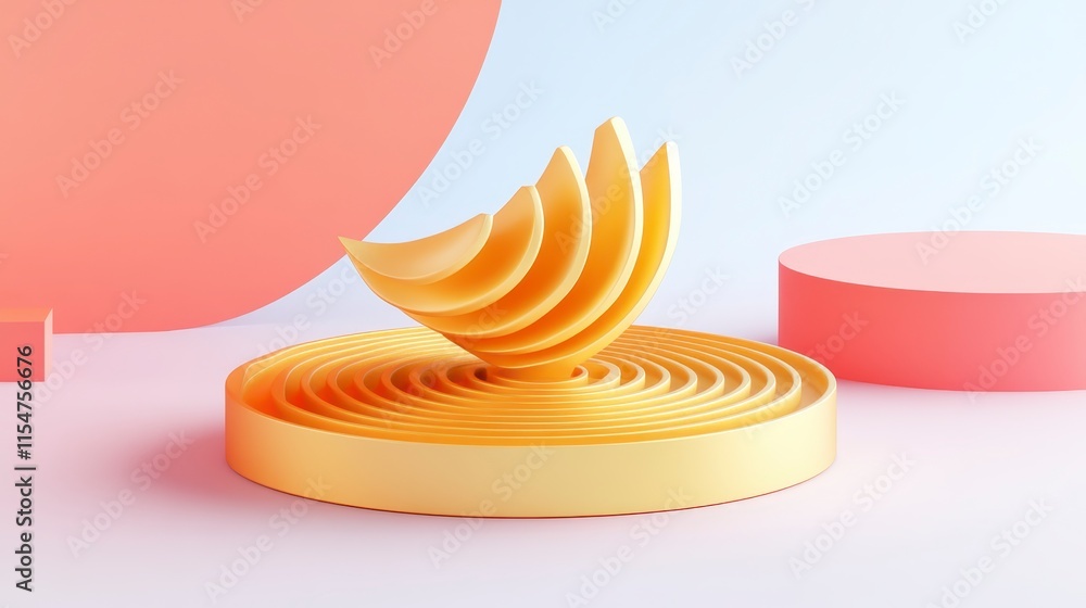 Aufkleber a modern, abstract design featuring layered yellow shapes on a circular base, complemented by soft p