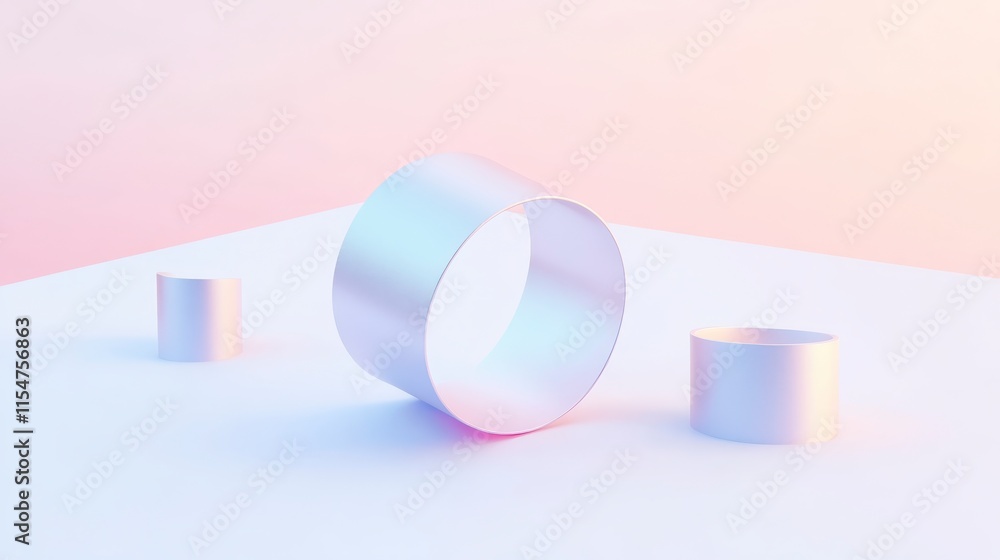 Poster a minimalist composition featuring three geometric shapes in soft pastel colors, creating a serene a