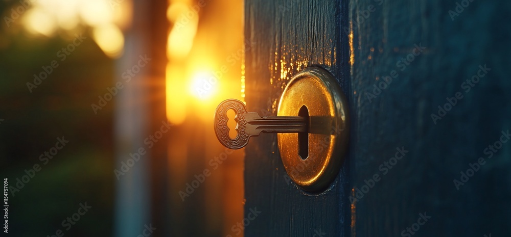 Poster a key inserted in a door lock with sunlight shining in the background.