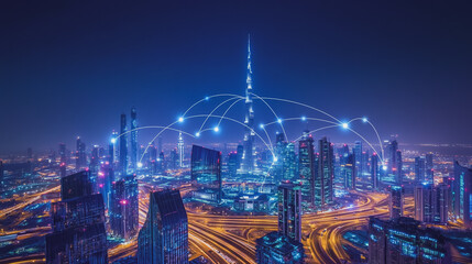 Fototapeta premium Smart digital Innovation city with connection network reciprocity over the cityscape. of future smart wireless city and social media networking systems that connects business people with in city