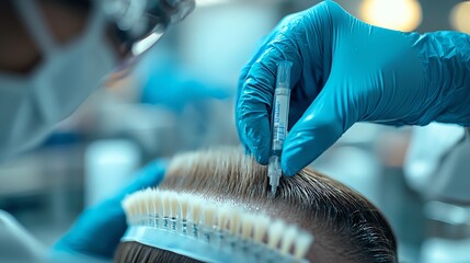 Close-up of hair transplant procedure, showcasing precision and technique.