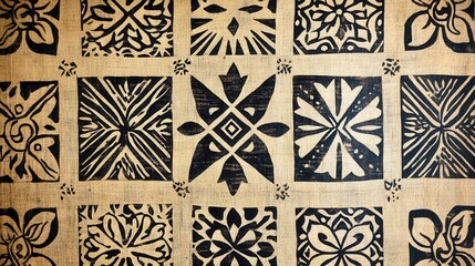 Samoan tapa cloth, intricate geometric and floral patterns, rich natural tones, cultural heritage, textile artistry, traditional craftsmanship.