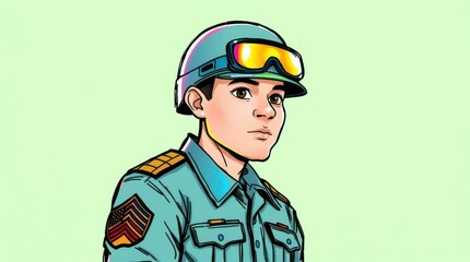 Fototapeta premium A young soldier in a casual uniform, showcasing resilience and adaptability, suitable for modern military contexts.