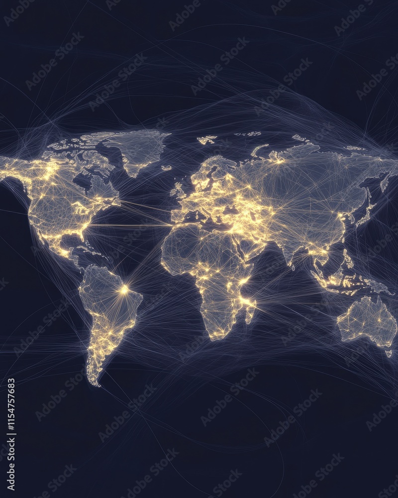Poster a glowing world map depicting global connectivity through light patterns.