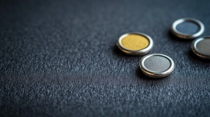 Close-up of four small, round, metallic discs with varying colored centers on a dark surface.