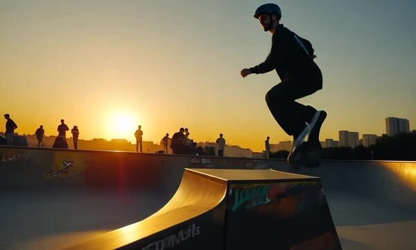 Skater performing tricks at sunset in a vibrant skatepark.