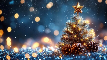 Festive Abstract Christmas Background with Bokeh Lights and Tree