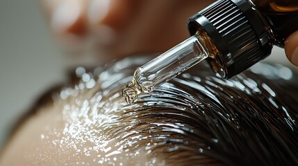 Close-up of serum being applied to wet hair for scalp nourishment.