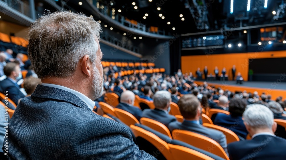 Poster business conference keynote speech convention center event coverage modern environment attendee view