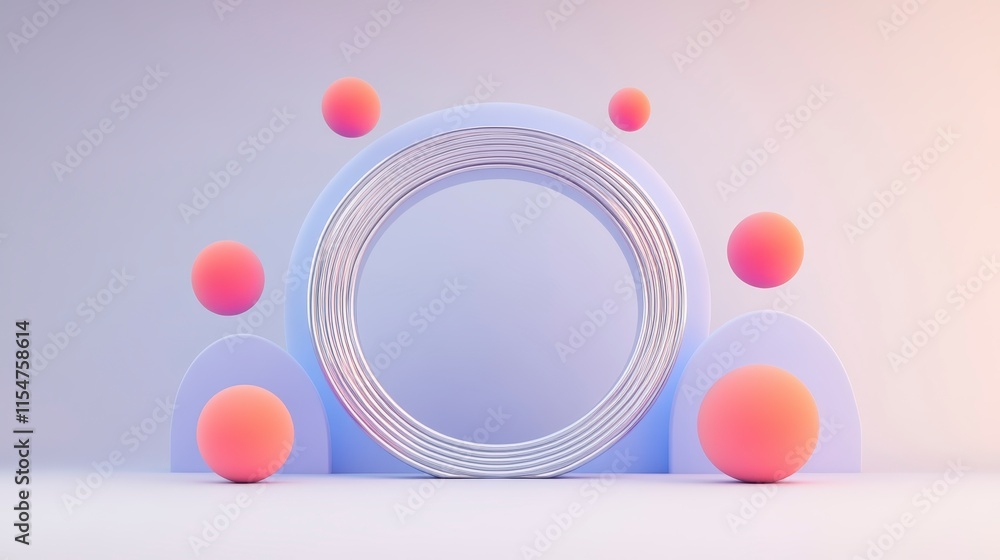 Poster a modern abstract composition featuring geometric shapes and spheres in soft pastel colors, creating