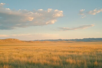 Obraz premium A serene landscape featuring golden grasslands under a blue sky with soft clouds.