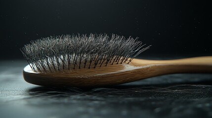 Close-up of wooden hairbrush with bristles on textured dark surface, showcasing simplicity.
