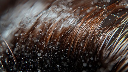 Close-up view of dandruff flakes on brown hair, showcasing scalp condition.