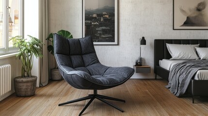 Modern dark grey swivel armchair in minimalist bedroom.