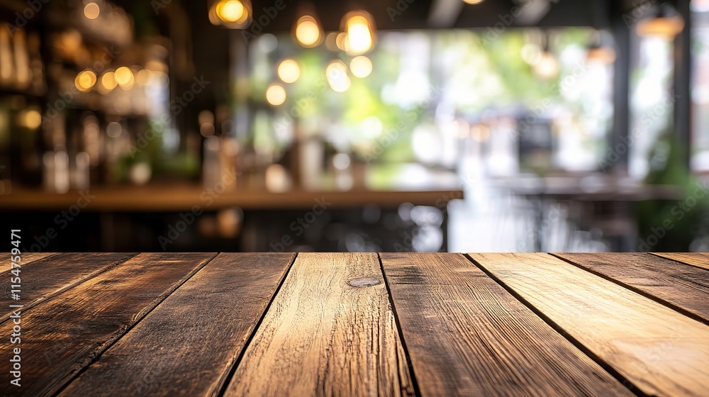 Poster empty wooden table top with blurred background in cafe setting