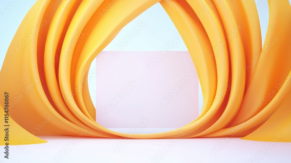 Poster a vibrant scene featuring flowing yellow fabric draping elegantly over a soft pink backdrop, creatin
