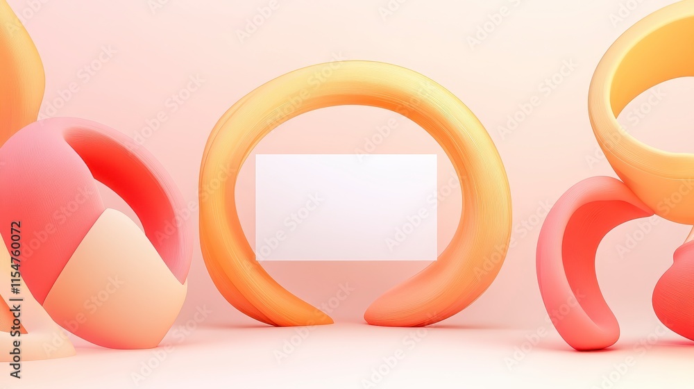 Poster a modern, abstract display featuring colorful, curved shapes against a soft gradient background, wit