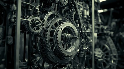 Fototapeta premium Close-up of intricate metallic gears and cogs in a complex machine.