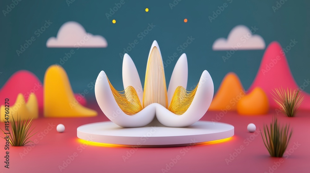 Poster a vibrant, stylized lotus flower sits on a glowing platform, surrounded by colorful abstract shapes 