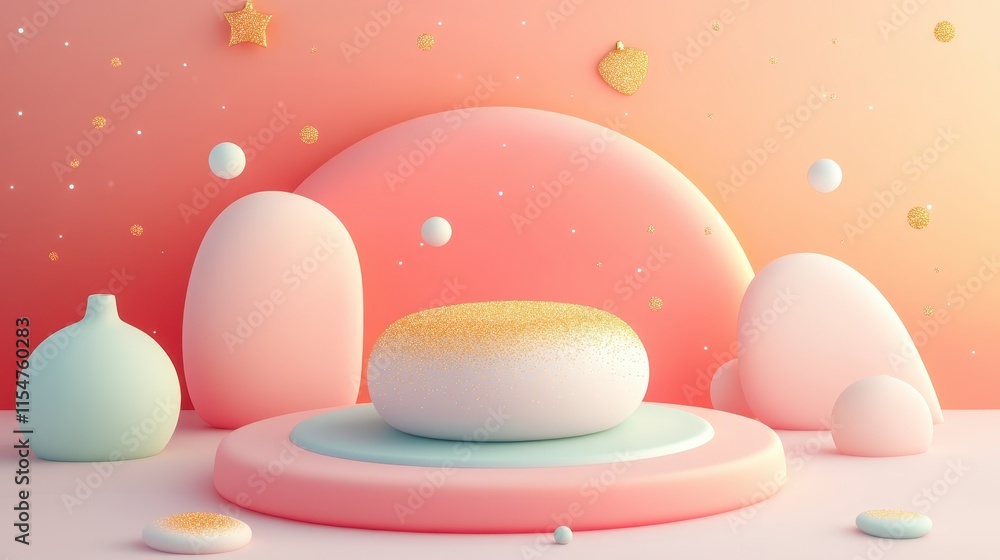 Poster a whimsical, pastel-colored scene featuring a central round object on a layered platform with soft s