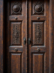 A close-up of an old wooden door with intricate carvings new image this year
