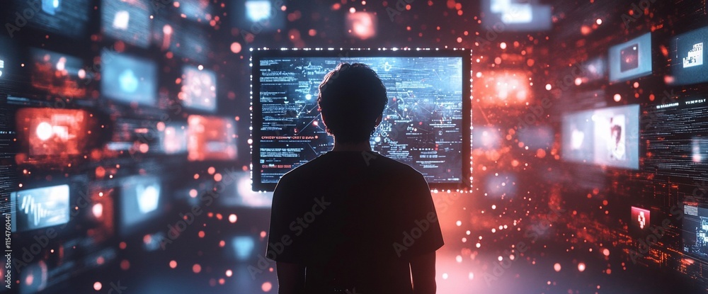 Aufkleber a person gazing at a screen surrounded by digital data and visual elements.
