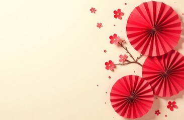 Obraz premium Red fans and cherry blossoms on beige with space for text. Background for Chinese New Year greetings