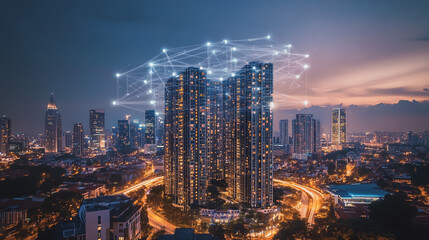 Fototapeta premium Smart digital Innovation city with connection network reciprocity over the cityscape. of future smart wireless city and social media networking systems that connects business people with in city