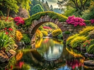 Fototapeta premium Dreamlike flowers bloom around a fantastical stone bridge spanning a serene pond.