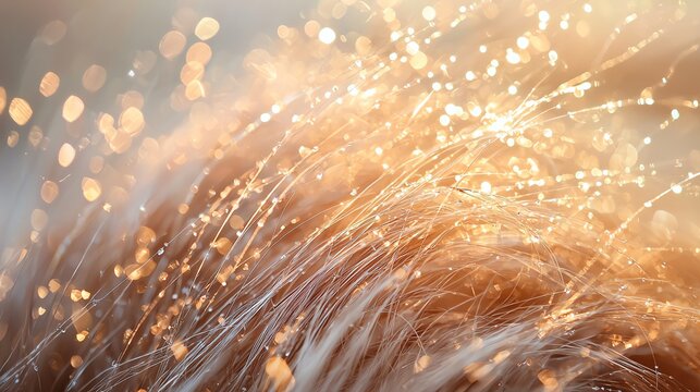 Ethereal golden light sparkles on dewy strands in a magical natural setting.