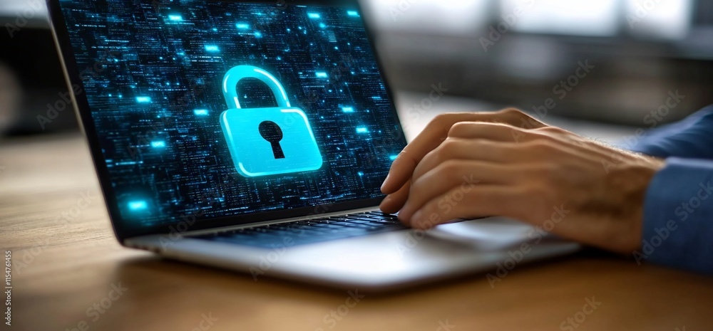 Poster a person using a laptop with a digital lock symbol, emphasizing cybersecurity.