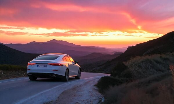 rental car in spain mountain landscape road at sunset