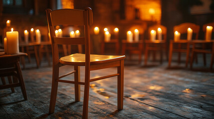 A single empty chair in a circle of others, symbolizing inclusion amidst blurred chaos, inviting a sense of openness and connection in a dynamic setting.

