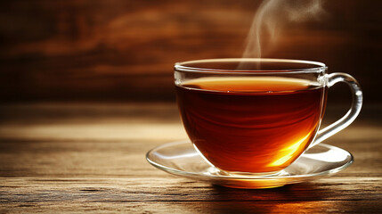 single empty cup of tea with steam rising from it, symbolizing the fleeting nature of comfort and peaceful moments, with blurred space on the side to evoke a sense of quiet and impermanence